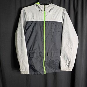 Columbia Boy L 14/16 Windbreaker Jacket Grey Black Neon Green Fleece Hood RB3418